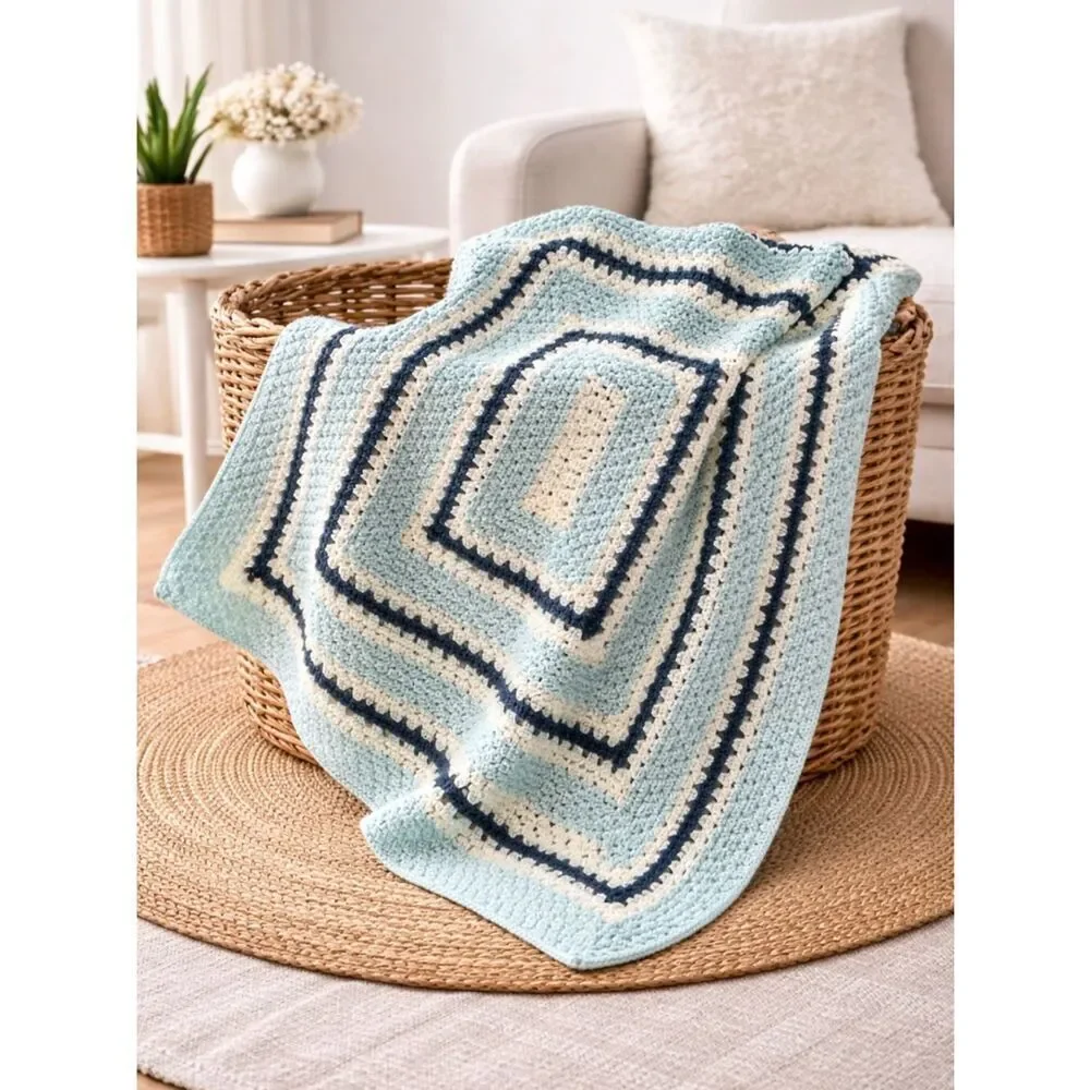 Handmade Crochet Afghan Blanket Blue Cream Rectangular Throw Boho Baby Nursery